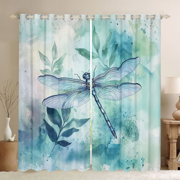 jejeloiu Cute Dragonfly Black Out Curtains,Blue Splatter Ink Curtains Pack of 2 (42x63 Each) For Girls Teens