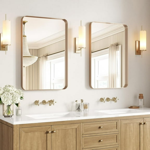 USHOWER Brushed Gold 24×36" Mirror 2-Pack, Rounded Rectangular Aluminum Frame, Anti-Rust Tempered Glass, Horizontal/Vertical Over-Sink