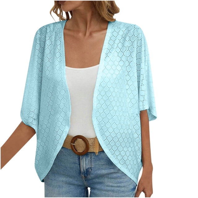 Cardigans à Œillets pour Femmes, Manches Mi-Longues, Ouvert à l'Avant, Léger, à Volants, Décontracté