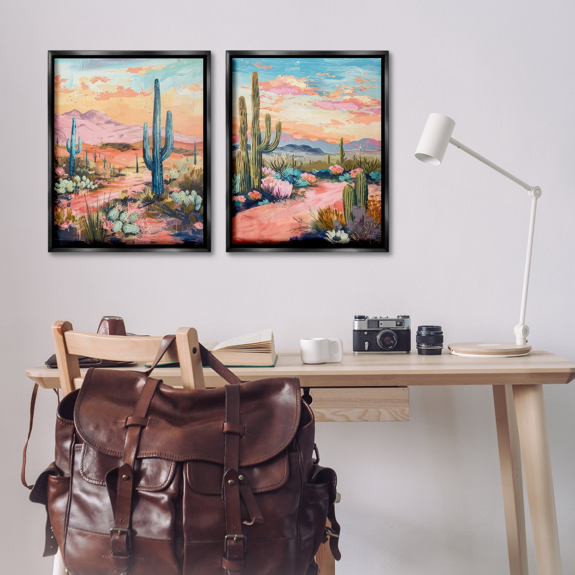 Stupell Industries Cactus Paths & Sunset Landscape & Nature Painting Black Floater Framed Canvas Art Print Wall Art, 31 x 25, Set of 2