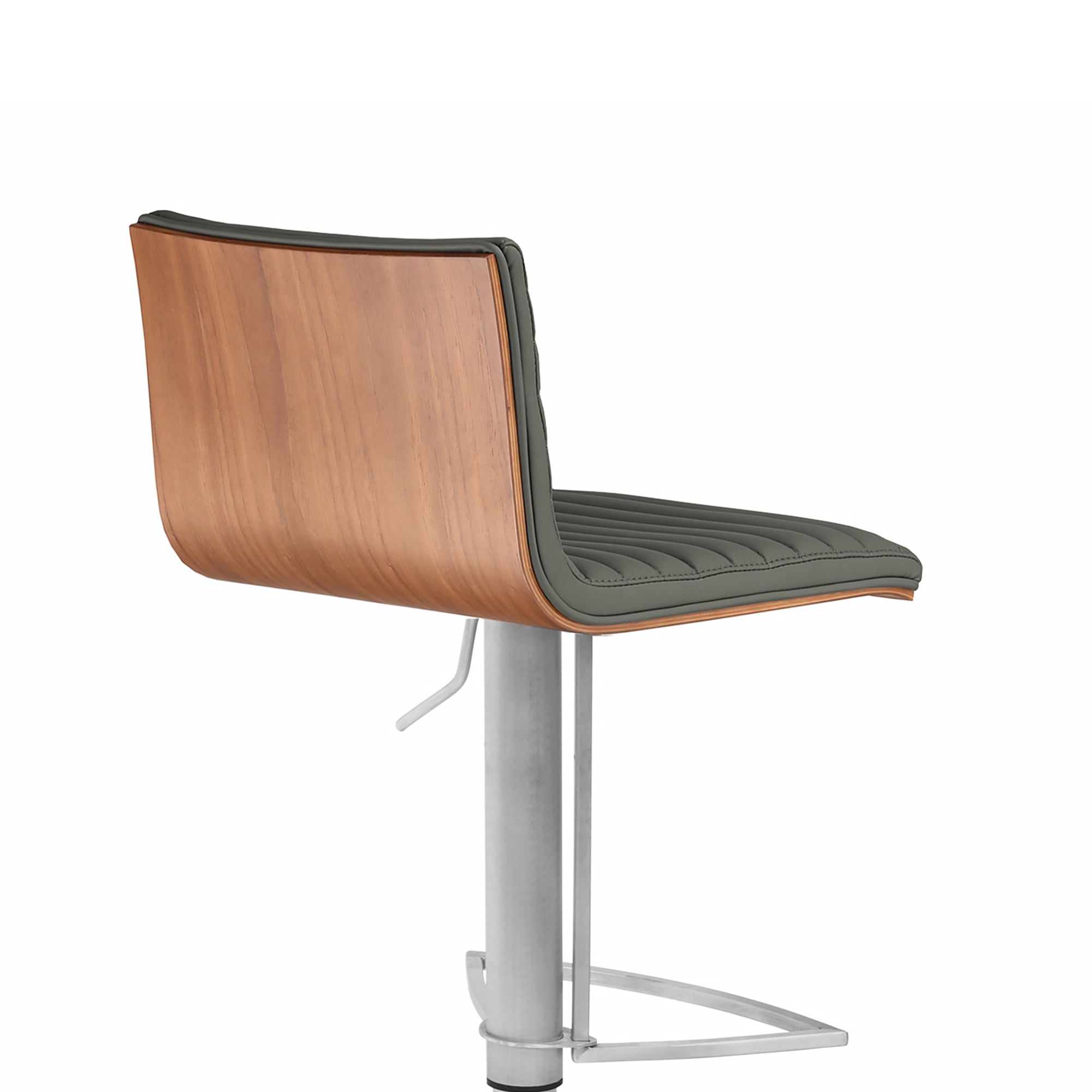 Armen Living Indoor Café Adjustable Height Swivel Gray Faux Leather and Walnut Wood Bar Stool with Brushed Stainless Steel Base