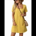 thumbnail image 3 of Vestido Informal de Corta con Cuello Cuadrado y Bolsillos, Color Liso, para Mujer, Amarillo, Talla S, 3 of 9