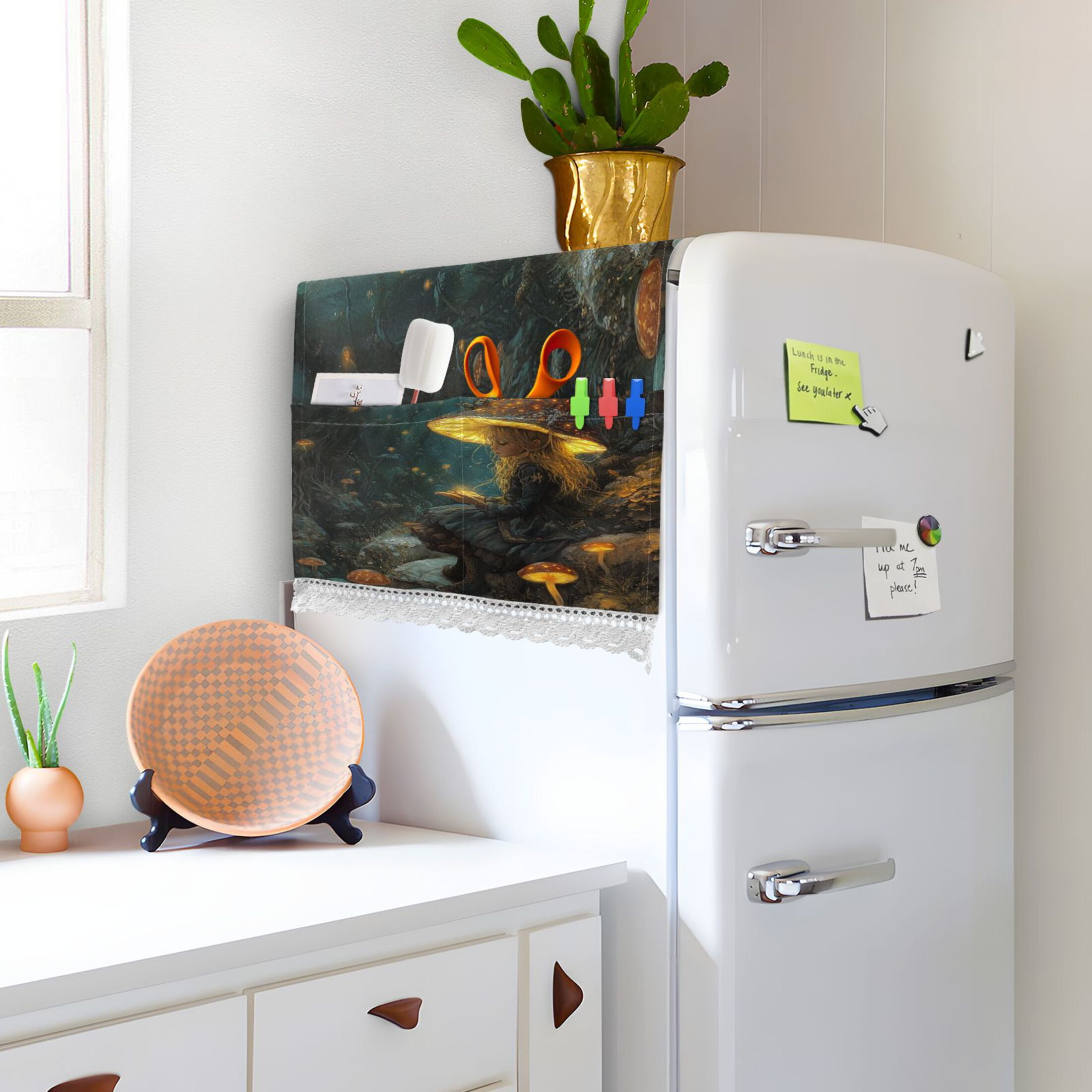 Mushroom GirlWasher and Dryer Covers Dust-Proof and Oil Resistant Fridge Cover with 4 Storage Pockets Washing Machine Top Cover for Laundry Kitchen Home 51.2 x 22 In