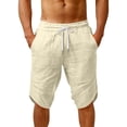 thumbnail image 3 of Mens Casual Soft Linen Long Shorts Knee Length Sport Running Lounge Work Shorts Capri Pant Summer Beach Casual Drawstring Shorts with Pockets Beige L, 3 of 6