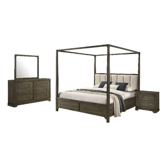 Seon 4pc Queen Bedroom Set- Dark Brown Solid Wood- Canopy Style Bed