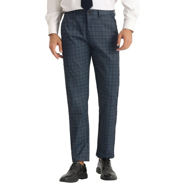 Pantalones INSPIRE CHIC para hombre, corte regular, frente plano, formales, de vestir, a cuadros, talla 36, azul marino