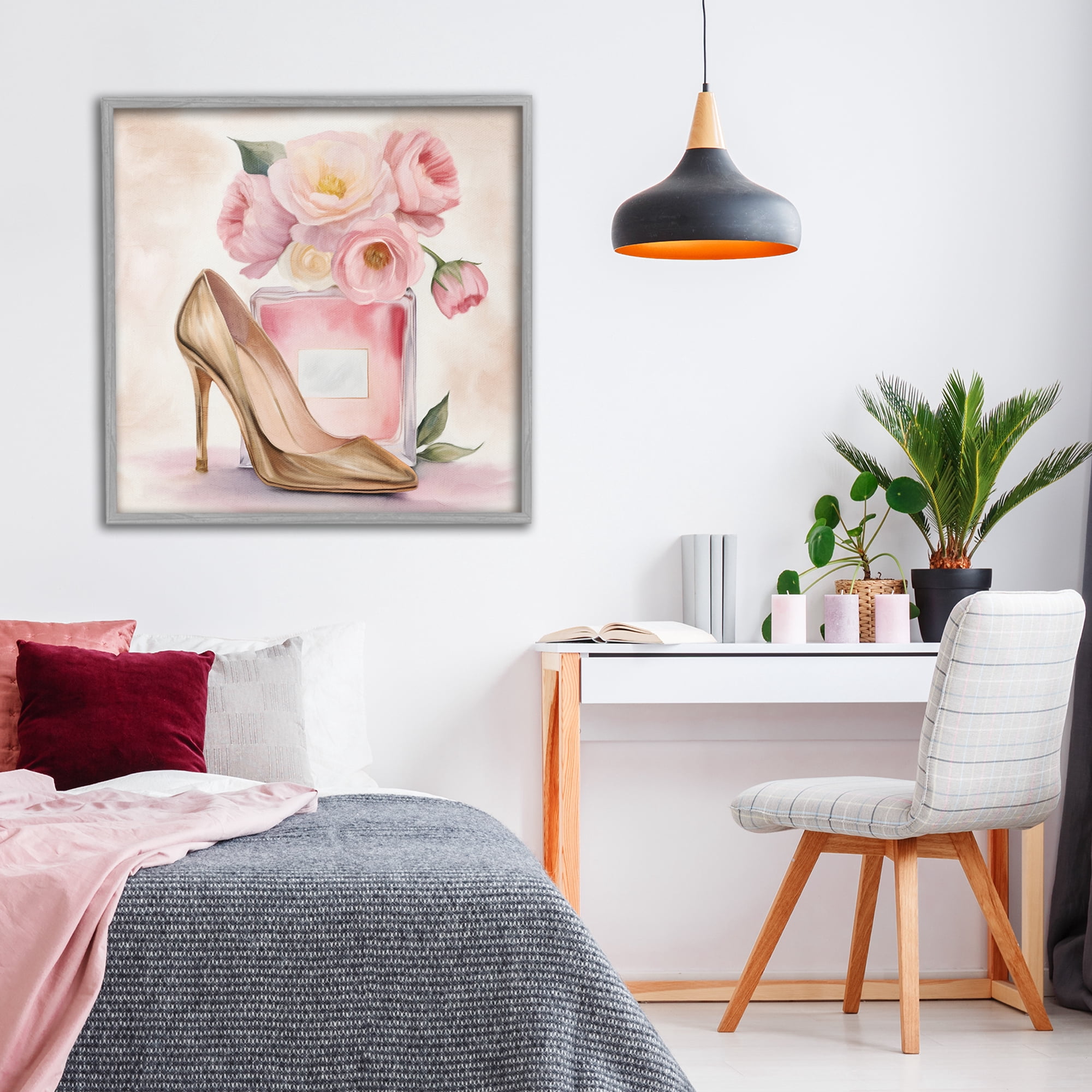 Stupell Industries Pink Beauty Heel & Flowers Gray Framed Giclee Art, design by Kim Allen