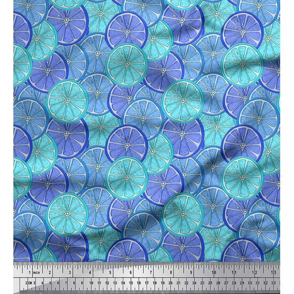 Soimoi Blue Velvet Fabric Lemon Slice Vegetable Print Fabric by the Yard 58 Inch Wide