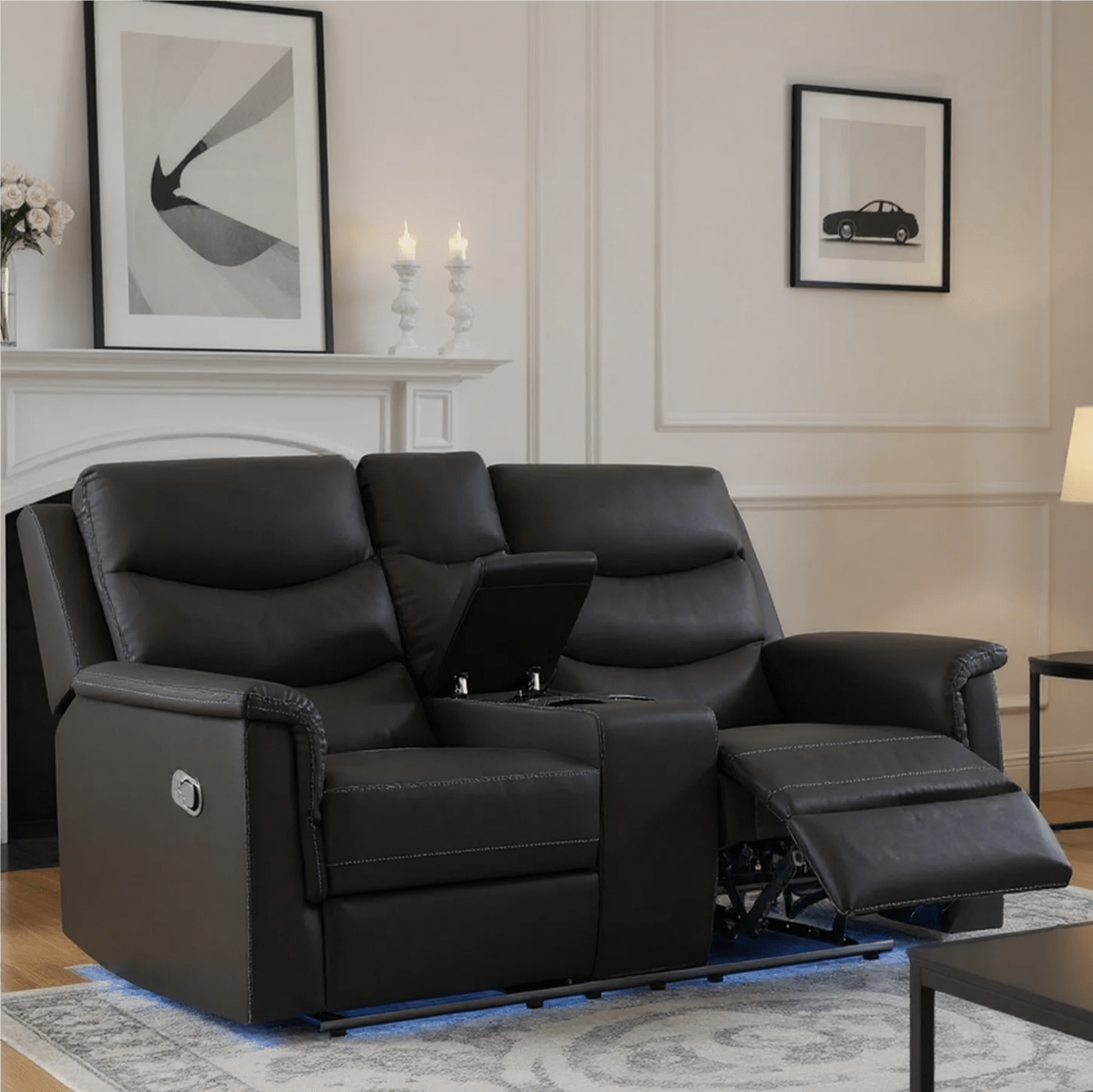 Gewnee 2-Seater Faux Leather Modern Recliner Loveseat Sofa with Cup Holders for Living Room, Apartment, Office Adults