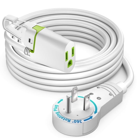 Maximm 15ft White Extension Cord, 360 Rotating Flat Plug, Removable Hook, 16AWG Indoor Power Cable