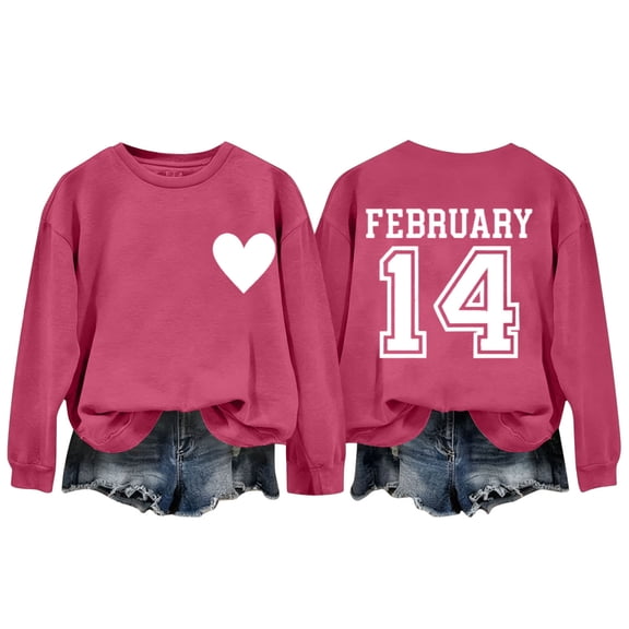 SERTG Women's Heart Print Sweatshirt Casual Pullover Long Sleeve Crewneck Valentine Tops Cute Love Graphic Spring Fall Outfits(Hot Pink,L)