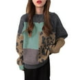 thumbnail image 2 of Women'S Fall Winter Long Sleeve Round Neck Pullover Sweater Leopard Print Colorblock Knitted Top Green One size, 2 of 5