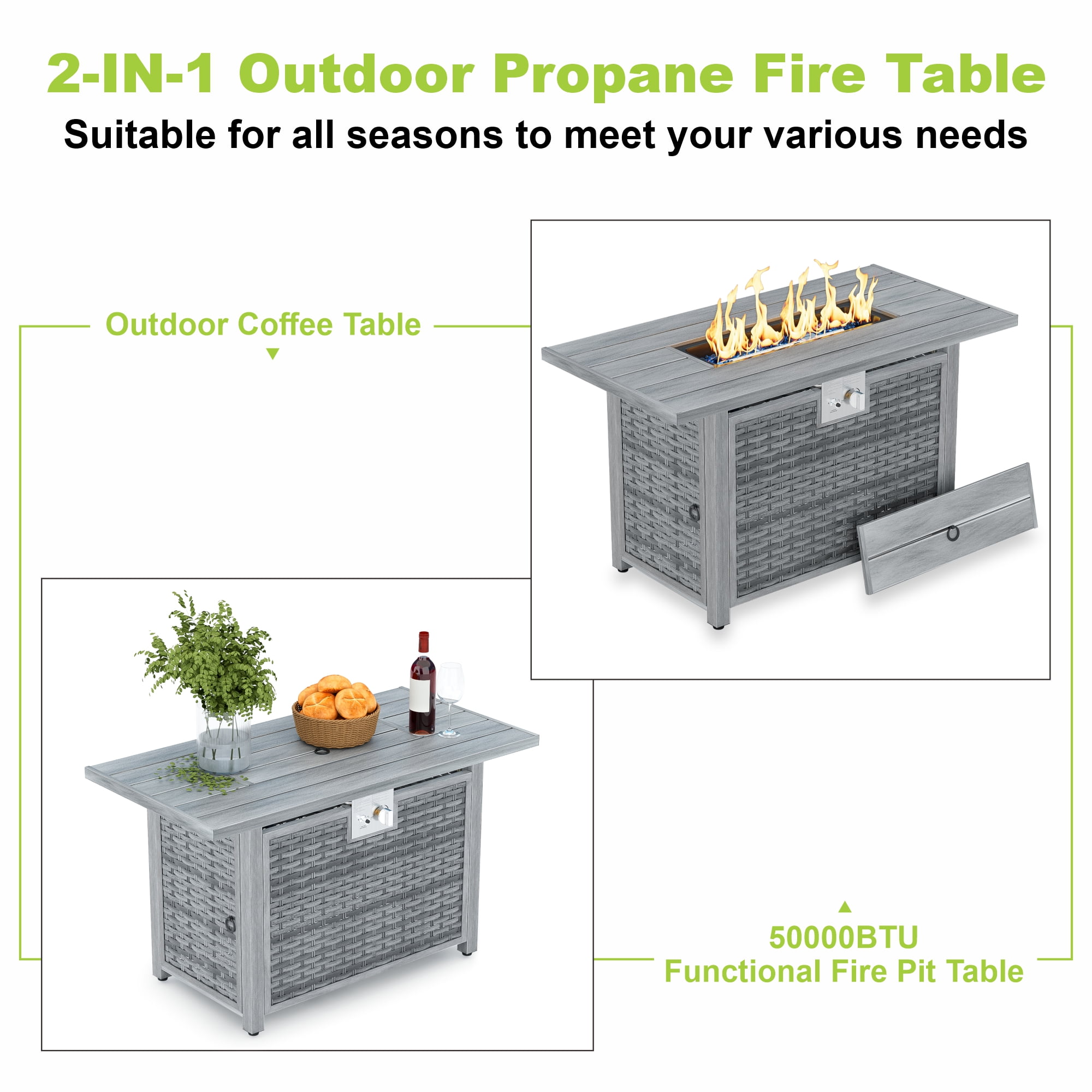 Evita 43 in. x 22 in. Retangular 50,000 BTU Propane Fire Pit with Powder Coated Steel and Adjustable Flame