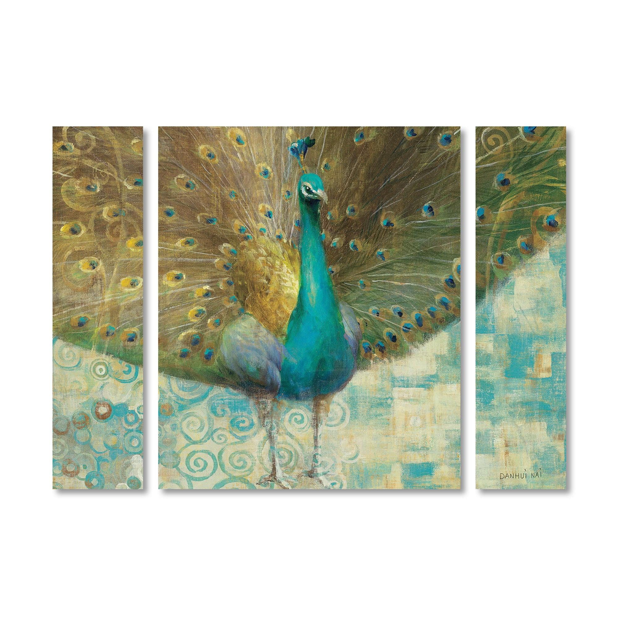 Trademark Fine Art "Teal Peacock on Gold" Canvas Art by Danhui Nai Three Panel Set