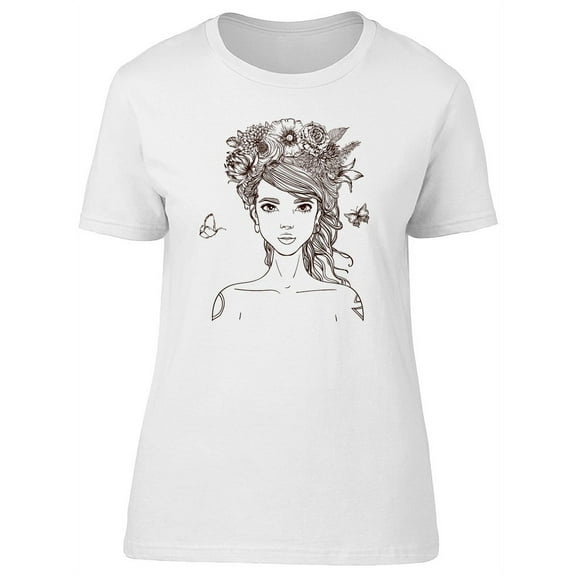 Beautiful Woman & Flowers Wreath T-Shirt Women -Image by Shutterstock, Female XX-Large
