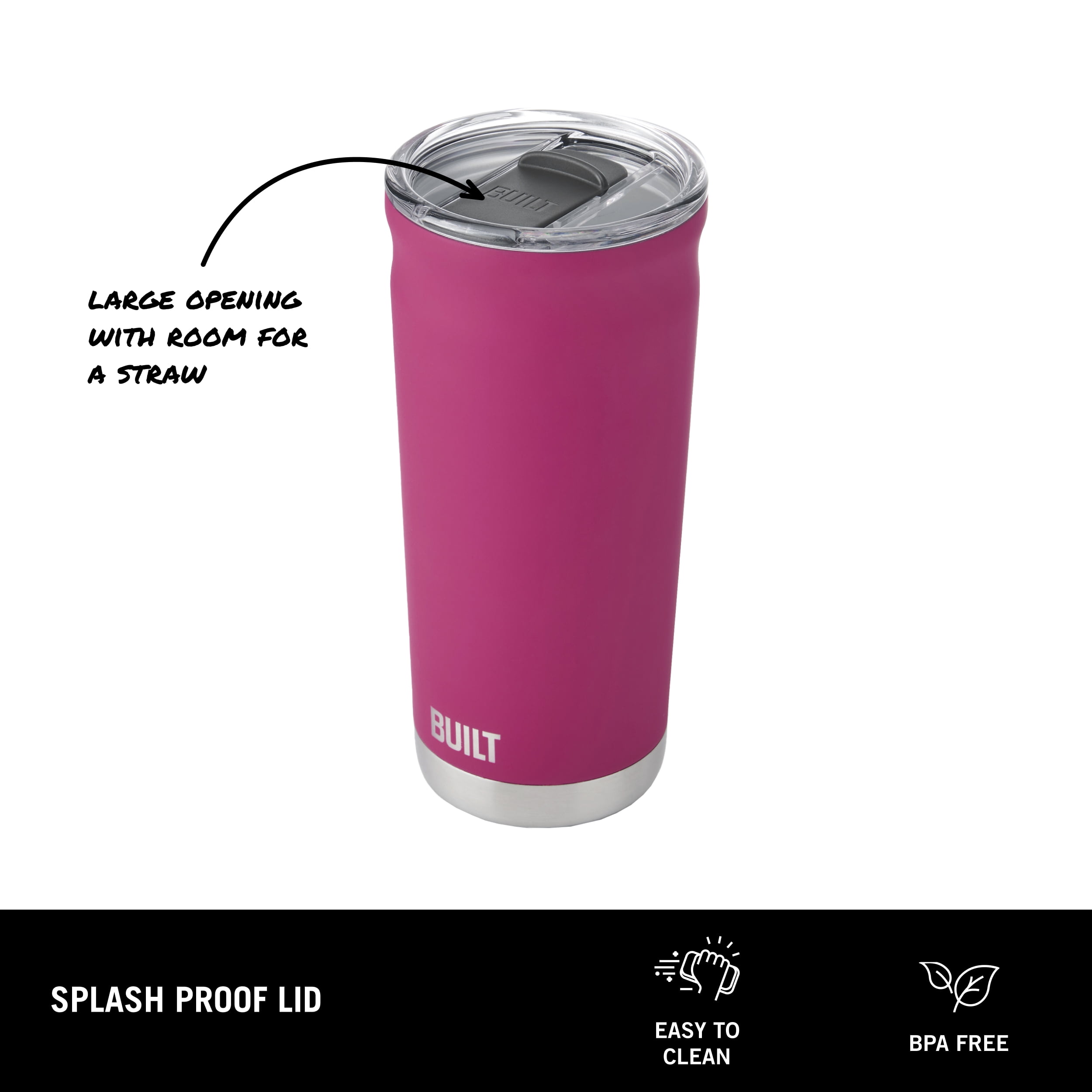 BUILT Torrent 20 oz Double-Wall Insulated Stainless Steel Tumbler Water Bottle, Magenta