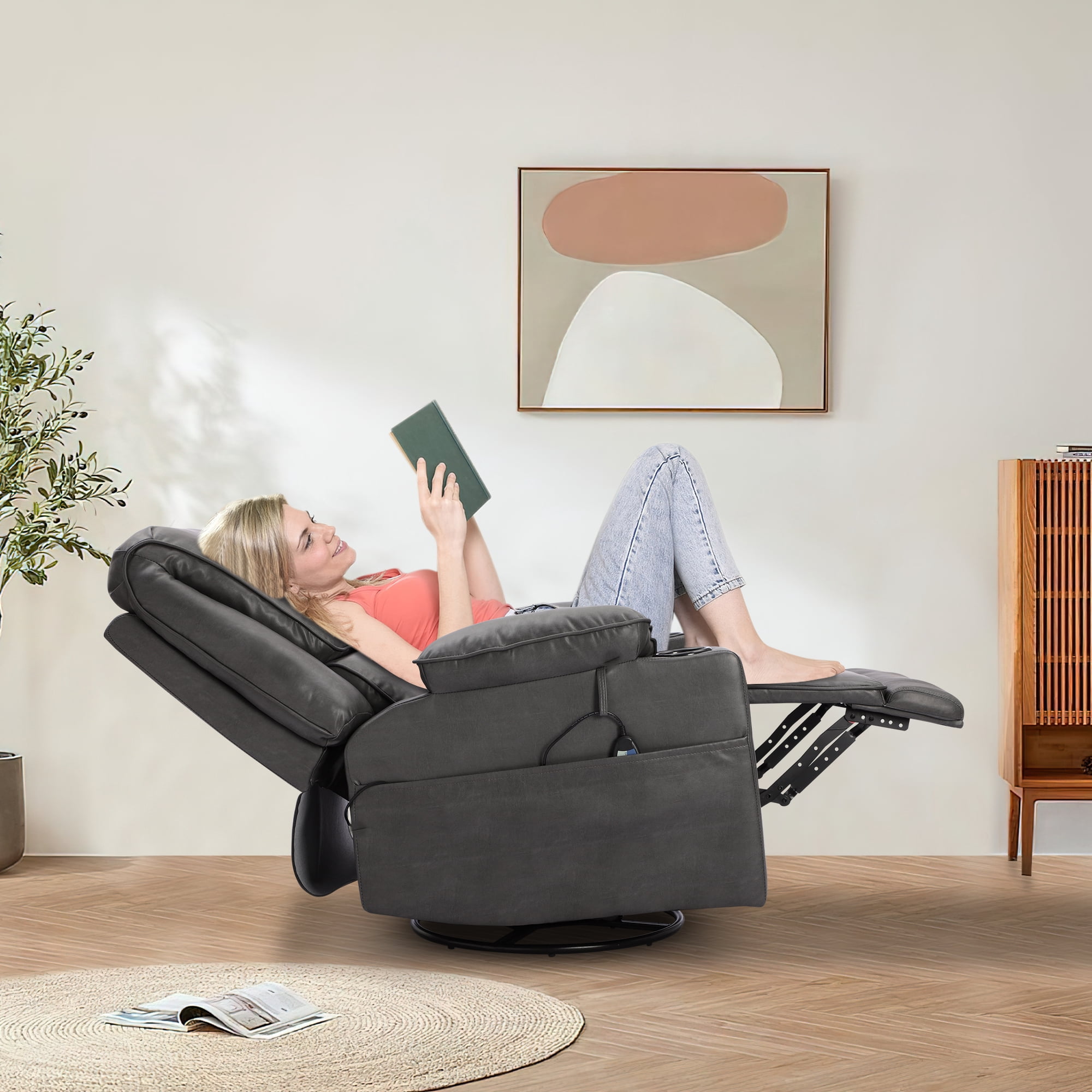 Buy KIGOTY PU Rocking Recliner Chair with 360 Swivel Recliner,Massage Chair Heating,Gray Online