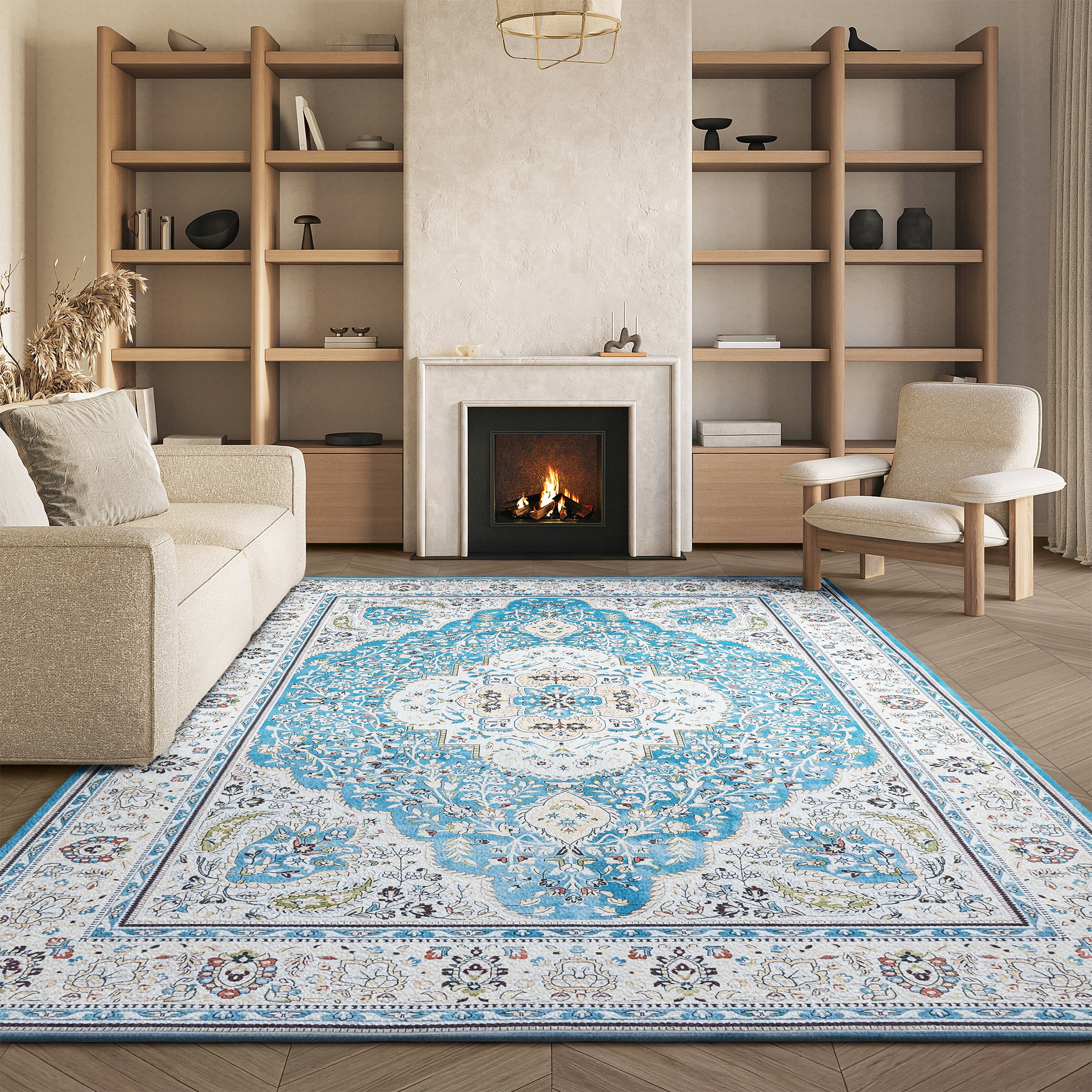 SAFAVIEH Tucson Natalie Traditional Machine Washable Area Rug, 6' x 6' Square, Turquoise/Beige