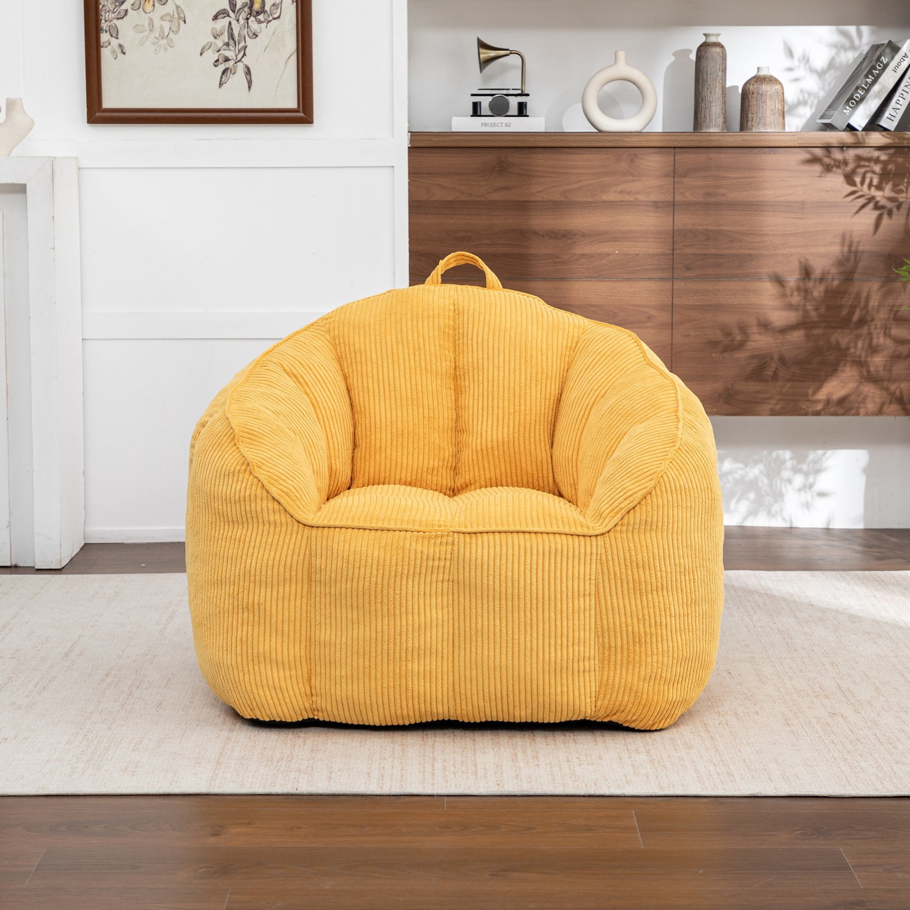 Giant Bean Bag Chair Sofa for Adults & Teens, Corduroy Bean Bag Couch with Armrests & Filler Included, Yellow