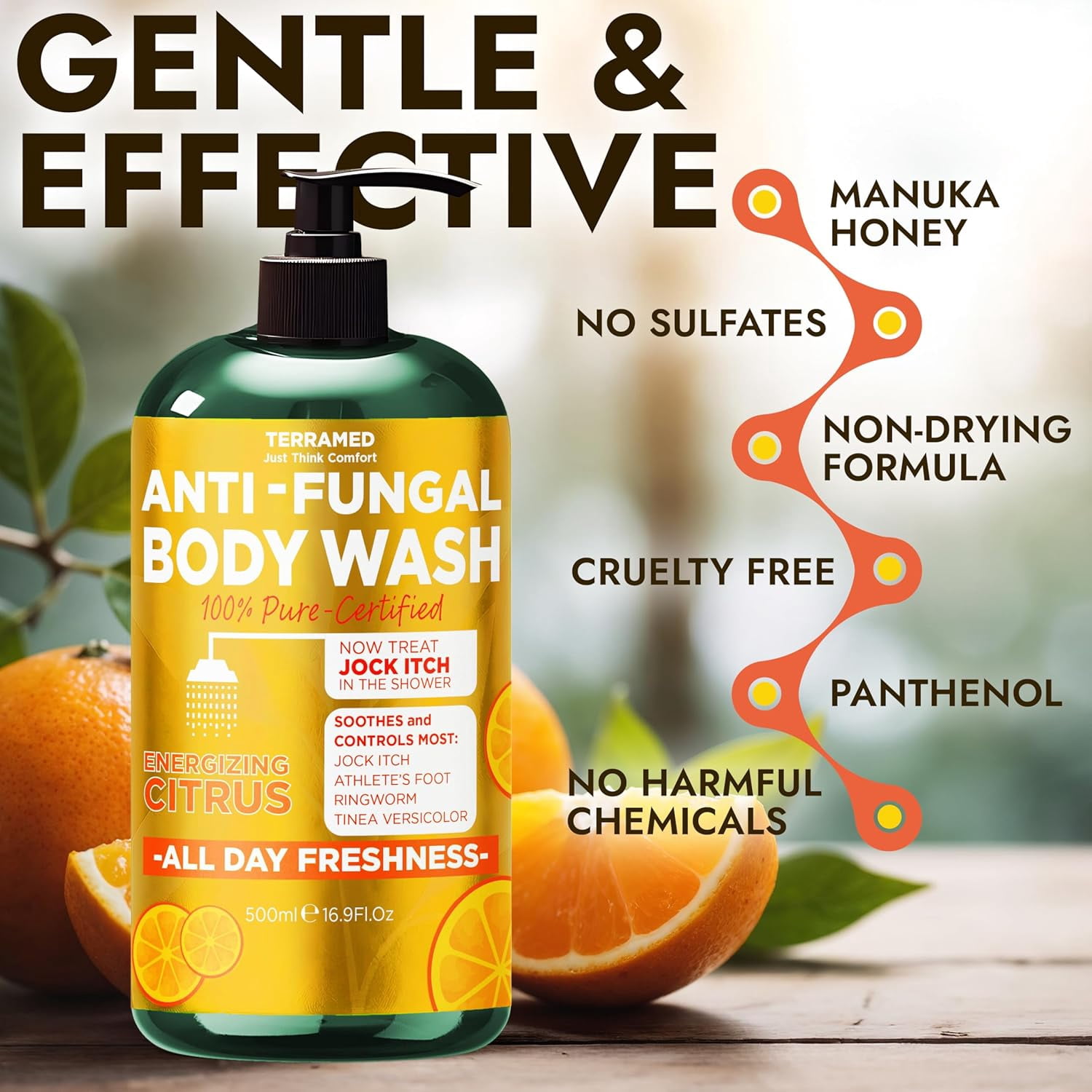 Antifungal Body Wash with Tea Tree Oil & Lemon Oil | 1% Tolnaftate Antifungal Soap Helps Fight Ringworm, Jock Itch & Athlete’s Foot | Medicated Citrus Body Wash Includes Silicone Scrubber | 16.9 oz