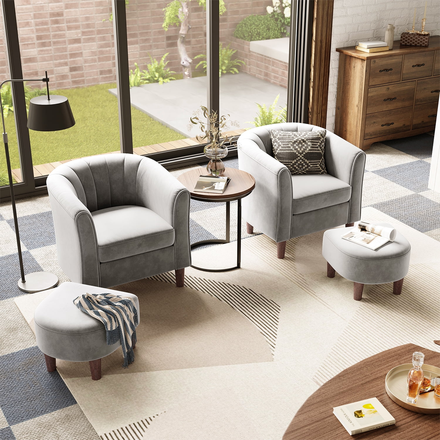 LINSY HOME Velvet Accent Chair with Ottoman for Living Room, Light Grey