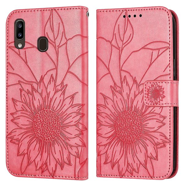 Funda tipo cartera con girasoles grabados para Samsung A40, elegante, multifuncional y con protección total.