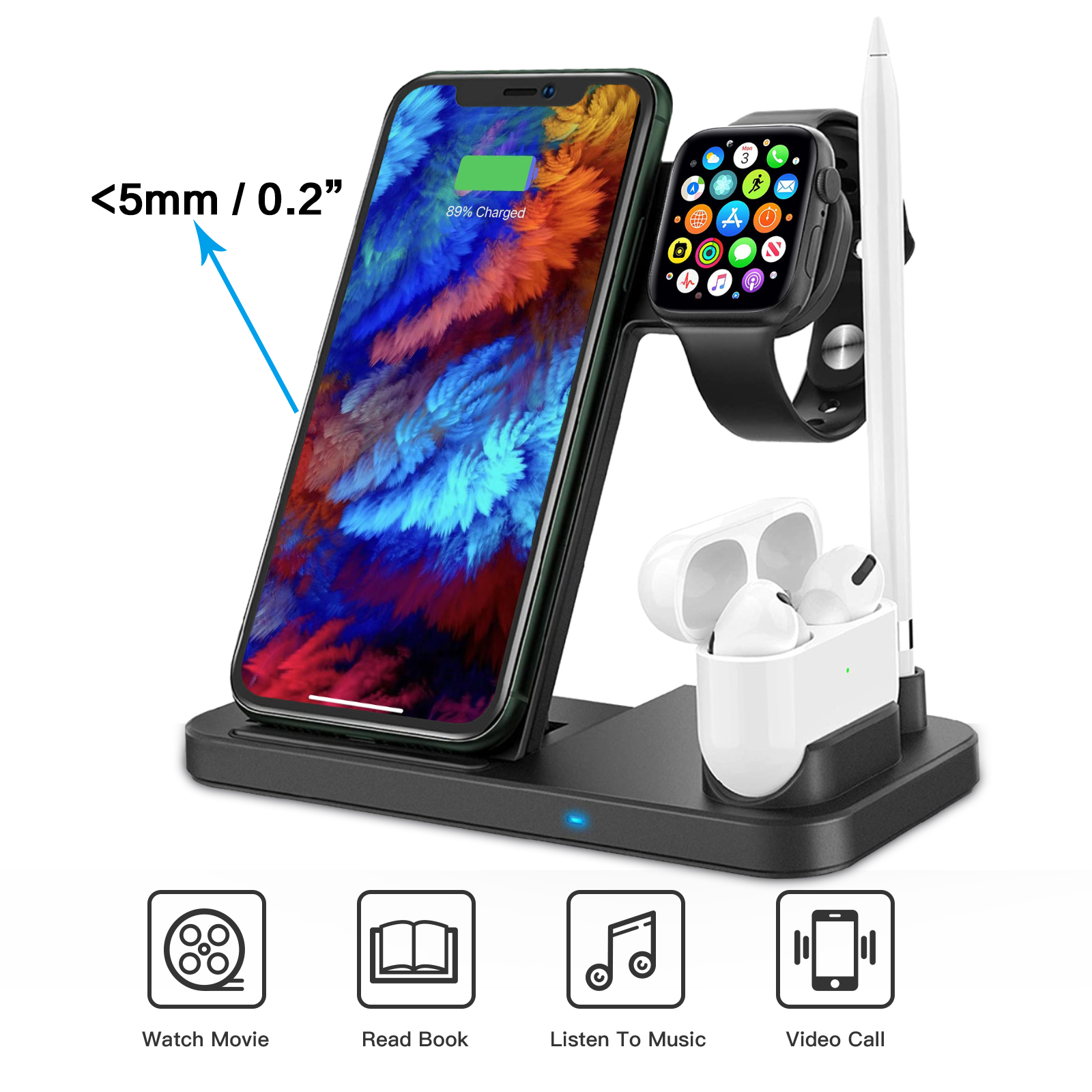 Wireless Charging Station for Apple Products, 4 in 1 Apple Watch Charger with Qi-Certified 15W Charging Dock for Multiple Devices, iPhone Charging Station Compatible with Apple Watch& Airpod & Pencil