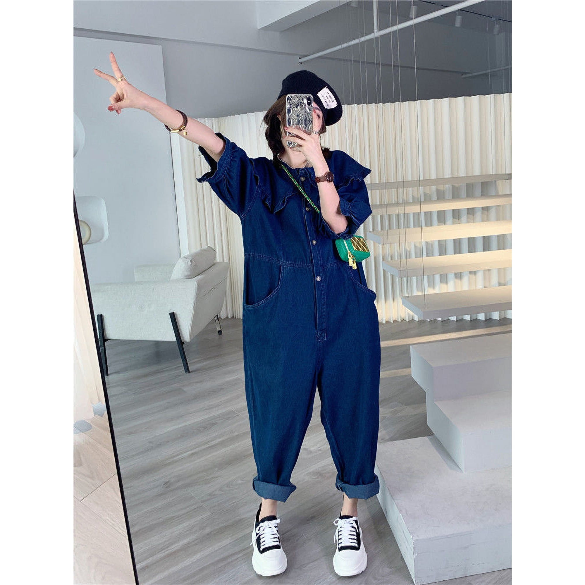 Jumpsuits Women Jeans Doll Collar Solid Full Length High Waist