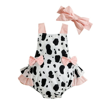 

ELF Baby Girl Summer two-piece Set，bow Cow spot Print sleeveless Backless dress + bow headband，0-18M