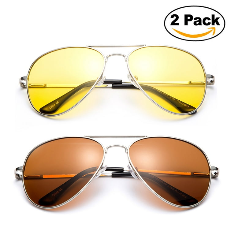 2 Pack - Night Vision Driving Glasses Yellow Amber Lens & Day Time Driving  Sunglasses Copper Lens-Classic Aviator Style Glasses with Comfortable  Spring Hinge Fit for Most People! 