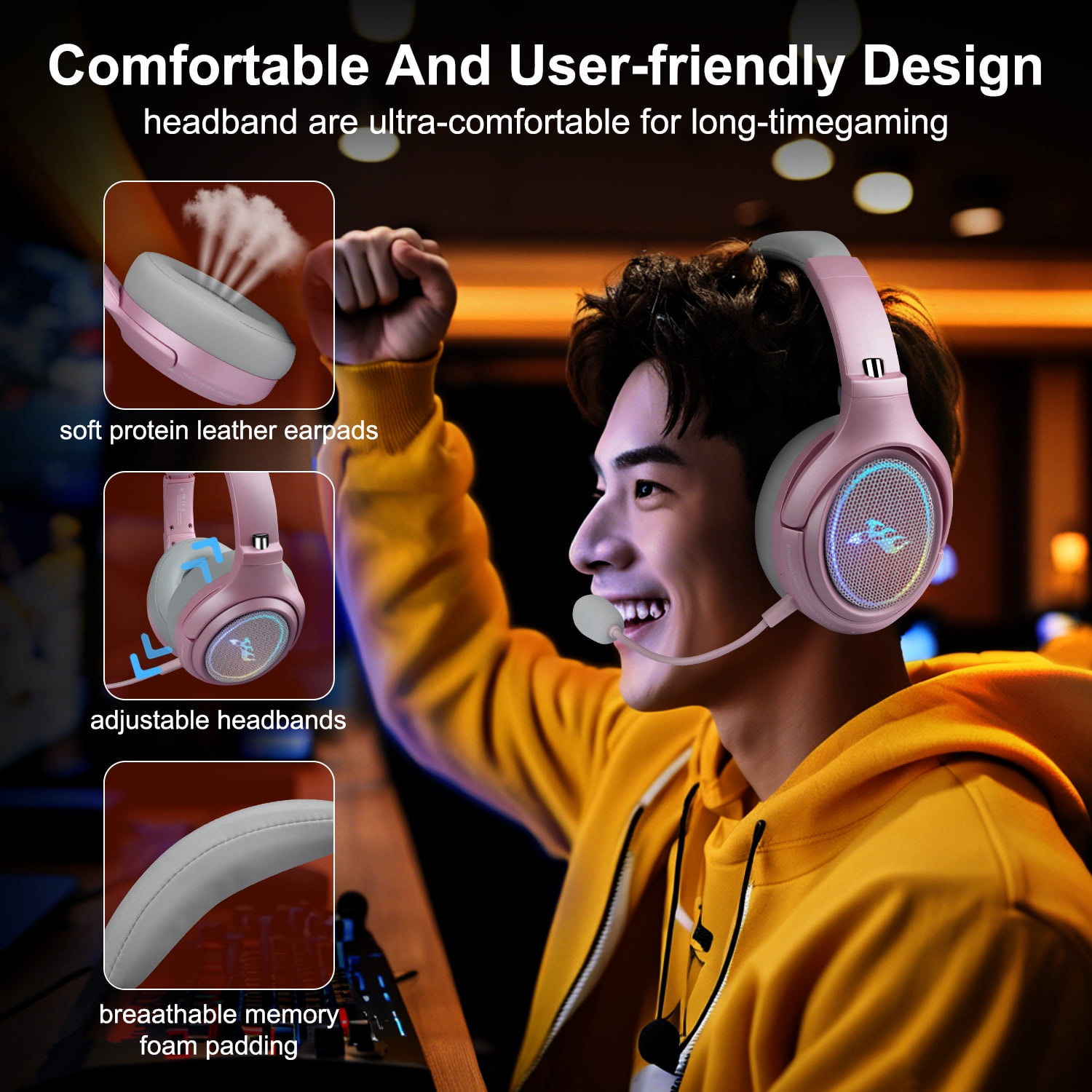 Wireless Gaming Headset,2.4G/Bluetooth Gaming Headphones w/Detachable Noise Cancelling Mic,Stereo Surround RGB Noise Cancelling Over Ear Headphones,3.5mm Wired for PS4 PS5 Xbox PC,Pink,FCC Approved