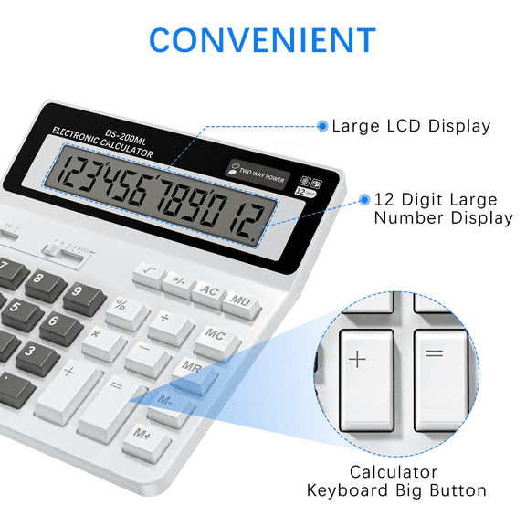 Desktop Calculator 12 Digit with Large LCD Display and Sensitive Big Button, Solar and Battery Dual Power, Standard Function for Office, Home, School
