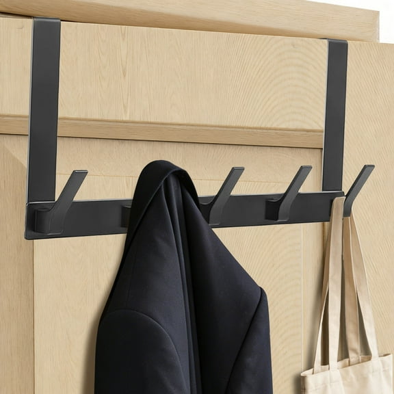 Optish Over The Door Hooks with 5 Coat Hooks, Over The Door Towel Rack Door Hanger Hook for Hanging Clothes, Coats, Towels, Hat 1 Pack Black