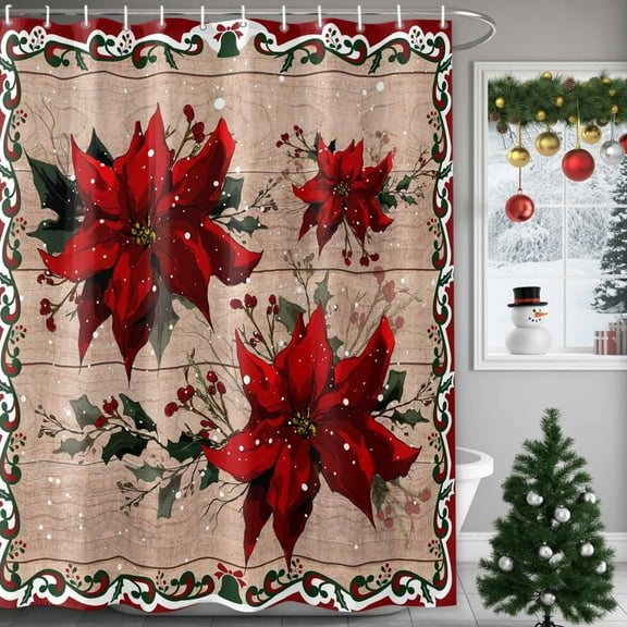 Christmas Shower Curtain Red Poinsettia Shower Curtains for Bathroom Winter Holiday Xmas Decor, Waterproof Polyester Shower Curtain Set with Hooks, 72" x 72" Christmas Berry Wood Grain