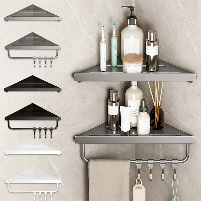 pstuiky Triangular Shower Shelf Set Gunmetal Rust-Proof Adhesive Wall-Mounted Bathroom Storage Quick-Drying Corner Shelves 11.22X8.66In