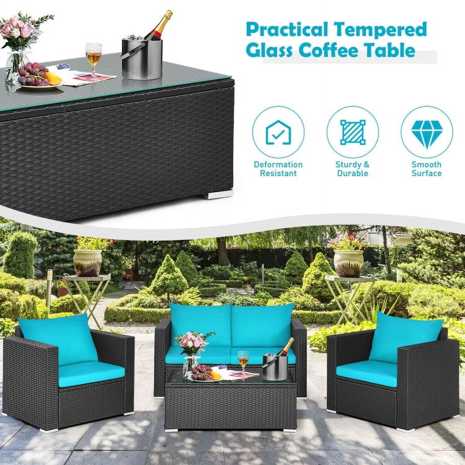 Aimee Lii 4 Pieces Patio Rattan Conversation Set, Small Patio Set with Padded Cushion and Tempered Glass Coffee Table, Turquoise Aimee Lii 4 Pieces Patio Rattan Conversation Set, Small Patio Set with Padded Cushion and Tempered Glass Coffee Table, Turquoise
