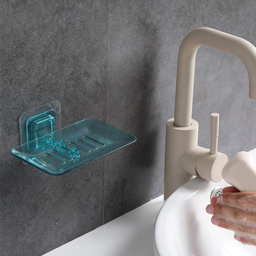 Bathroom Wall Mount Plastic Adhesive Soap Dish Holder Leachate Drain shelf 
