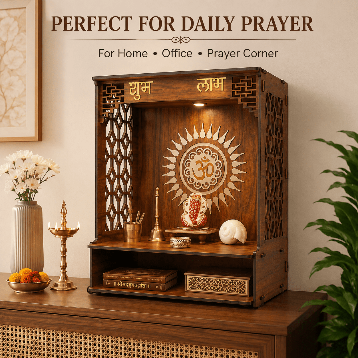 Wooden Puja Mandir for Home, LED Pooja Temple with Storage, Wall Mounted Hindu Mandir, Tabletop Home Temple, 18 Inch