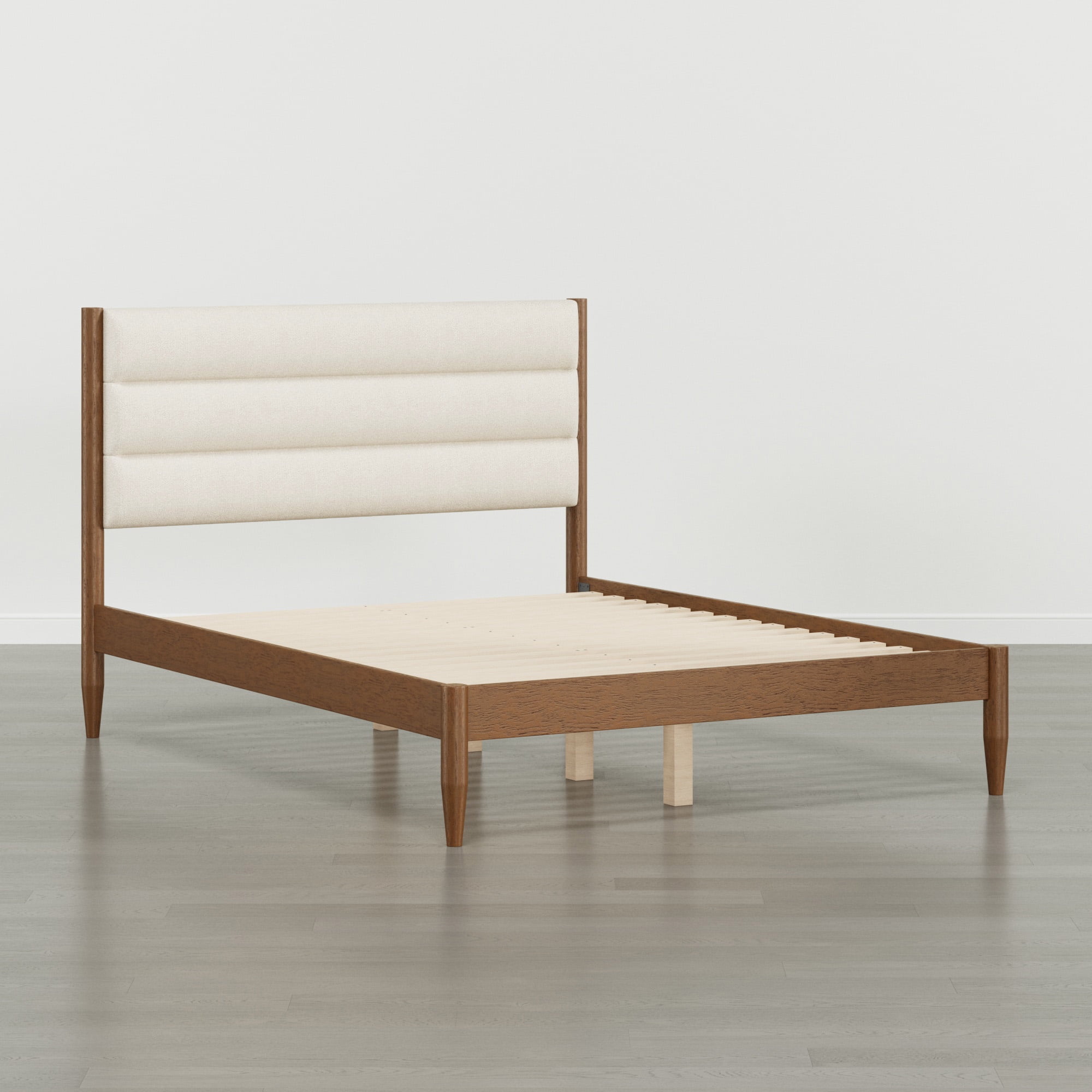 Spruce & Spring Farmhouse Queen Upholstered Bed Frame, Solid Rubberwood Frame, Cream Boucle Headboard, Noise-Free, No Box Spring Required, Walnut & Cream