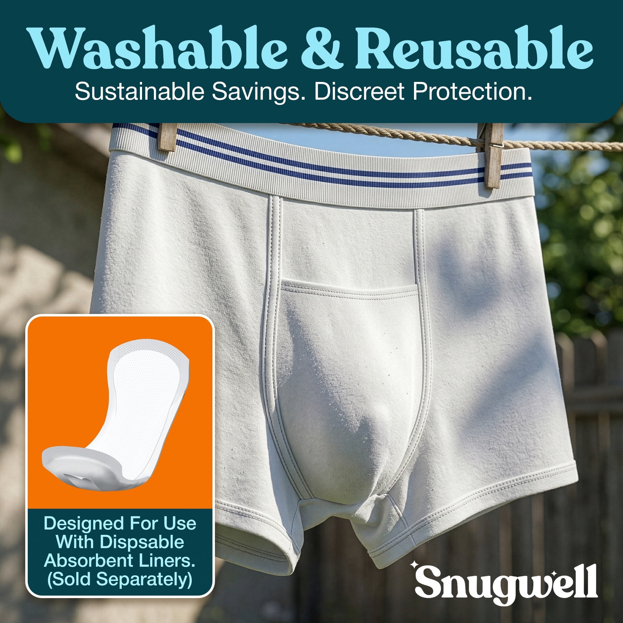 Snugwell Men’s Incontinence Washable Underwear, Mesh Pocket Briefs, XL, 15 Count