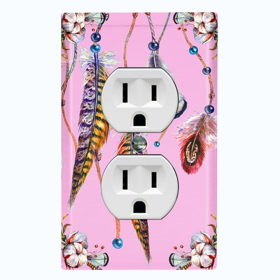 Metal Light Switch Plate Cover Beaded Feather Flower Strings Pink DRM012