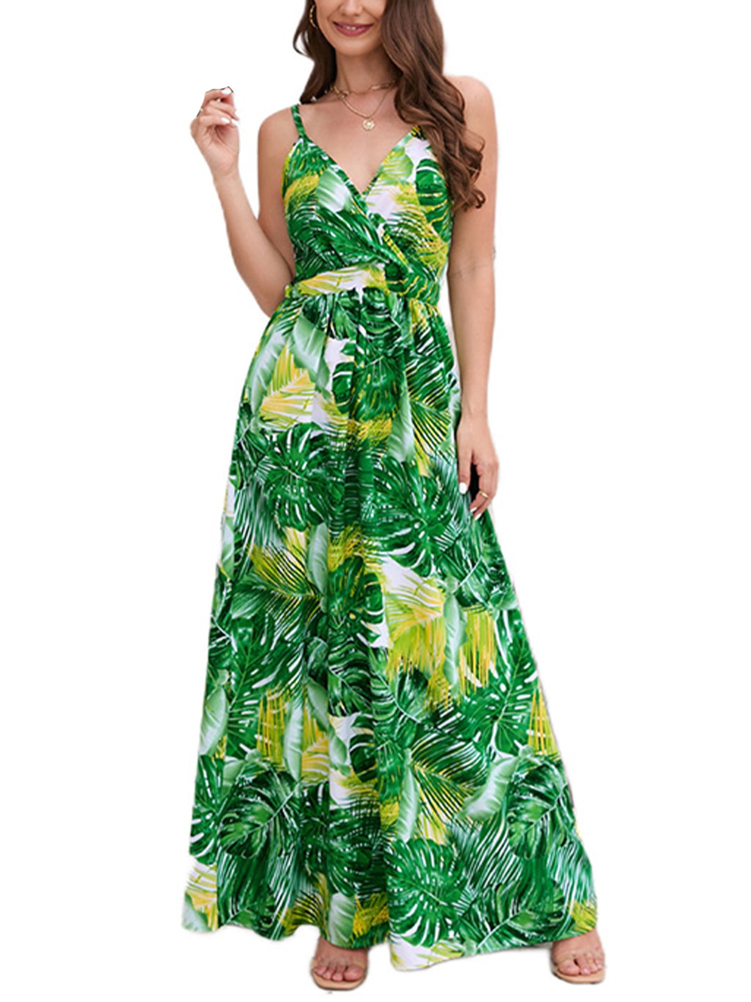 Glonme Women Summer Beach Sundress Spaghetti Straps Long Maxi Dresses V  Neck Slip Dress Travel Sexy Bohemian Sleeveless LQ479-lv M 