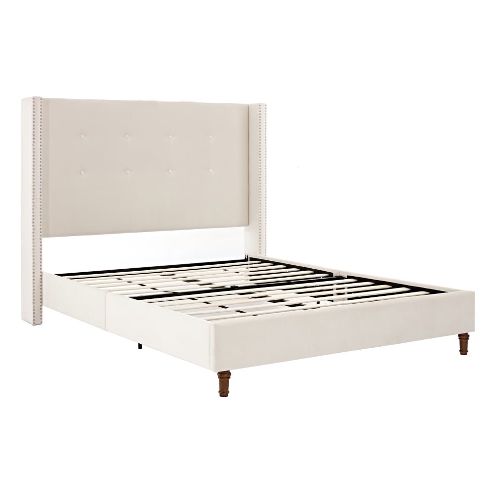 Tcbosik Queen Size Bed Frame, Upholstered Velvet Platform Bed with Button Tufted Headboard, No Box Spring Needed, Ivory