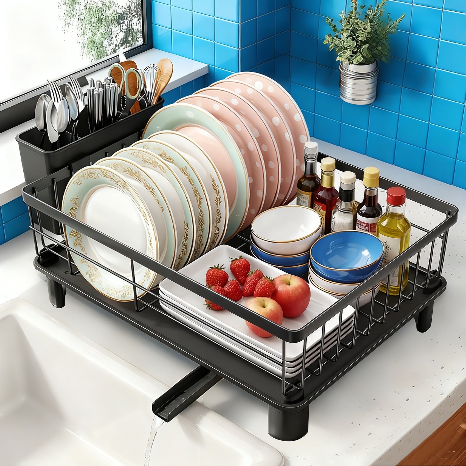 Godance Dish Drying Rack for Kitchen Counter, Stainless Steel Sink Organization and Storage with Cutlery Holder, Anti-Rust Drainage System, Apartment Essentials (Black, 14.9"L x 11"W)