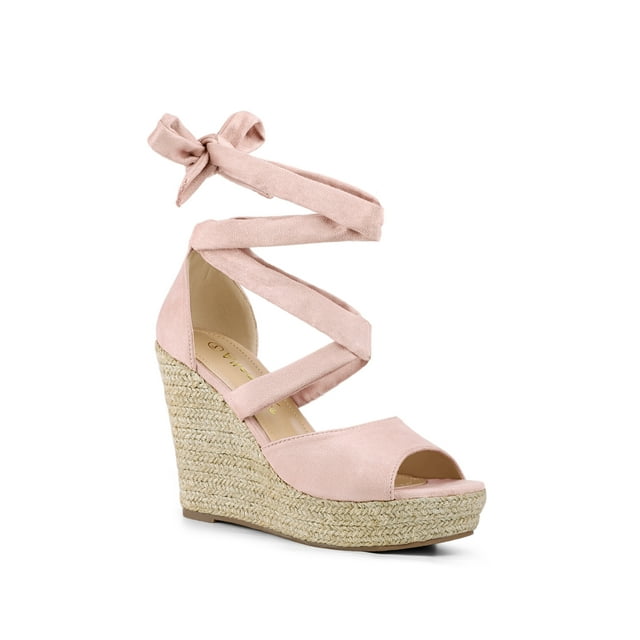 BLISSFUL STEP Chaussures pour Femmes Espadrilles à Lacets Sandales Compensées à Plateforme Rose Pâle 8,5