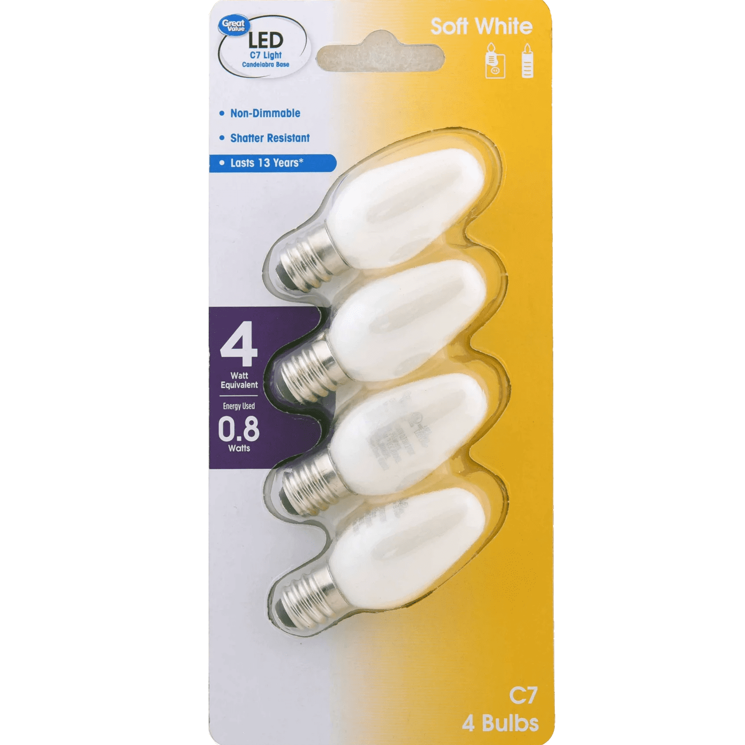 Great Value LED C7 Decorative Light Bulbs, Soft White 2700K, E12 Candelabra Base, 0.8W, 4-Pack