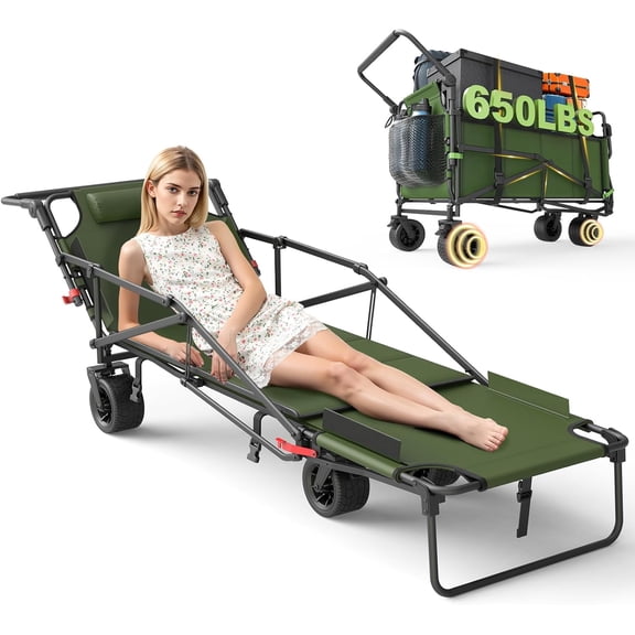 Heavy Duty Folding Wagon - 2-in-1 Collapsible Cart, 650lb Capacity, All-Terrain Wheels w/Brakes & Side Pockets