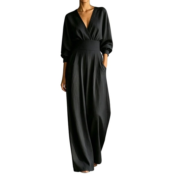 Edvintorg Jumpsuits for Women Casual Plus Size V Neck Long Sleeve Lightweight Loose Romper with Wide Leg Pant Vacation Wear Clothes for Women S-3XL Black