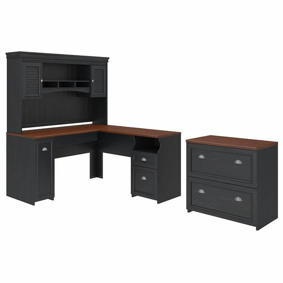 Bush Furniture Fairview L Shaped Desk with Hutch and Lateral File Cabinet in Antique Black