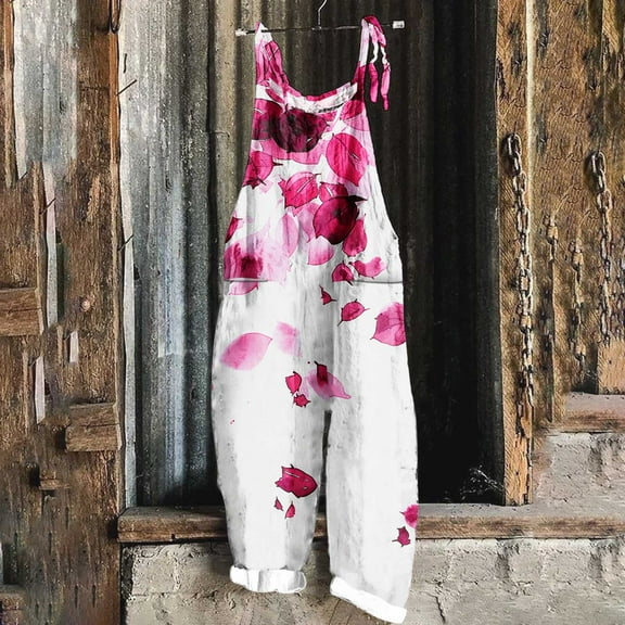 Women's Jumpsuit Floral Print Casual Loose Vintage Shoulder Strap Cotton Linen Spaghetti Strap Jumpsuits Pink L